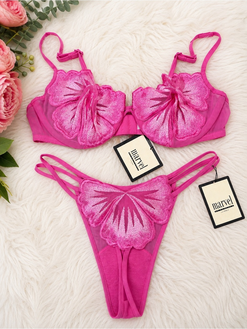 Marvel by La Perla Vintage Pink Floral Appliqué Bra & Thong Set 36C / US 10 NWT